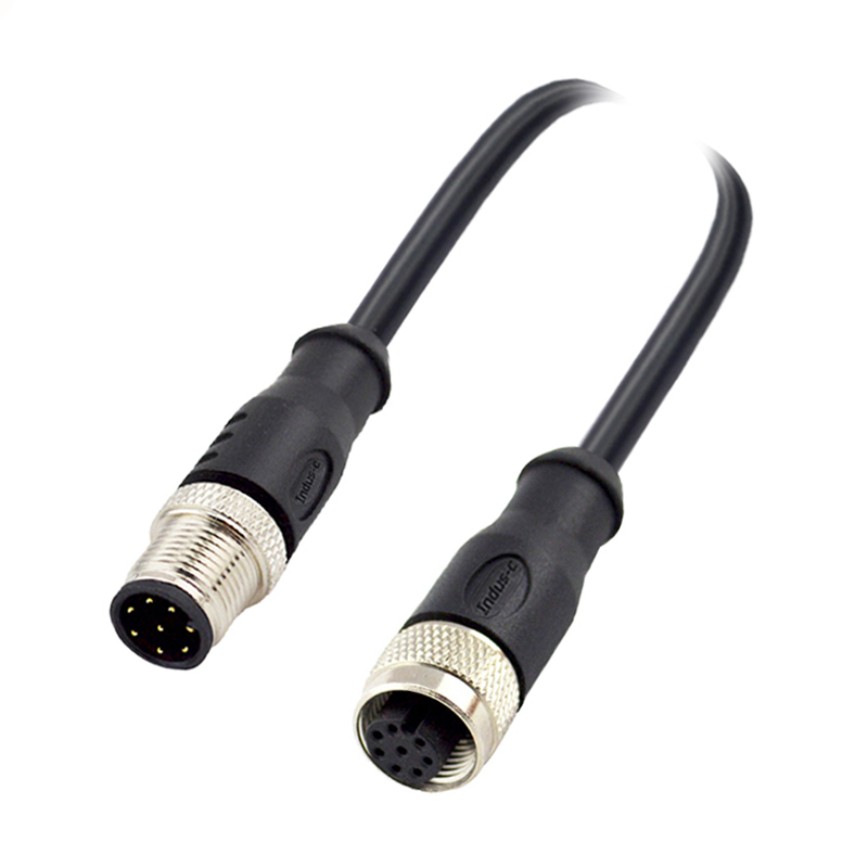 M12 8pins A code male straight to female straight molded cable,shielded,PVC,-10°C~+80°C,24AWG 0.25mm²,brass with nickel plated screw